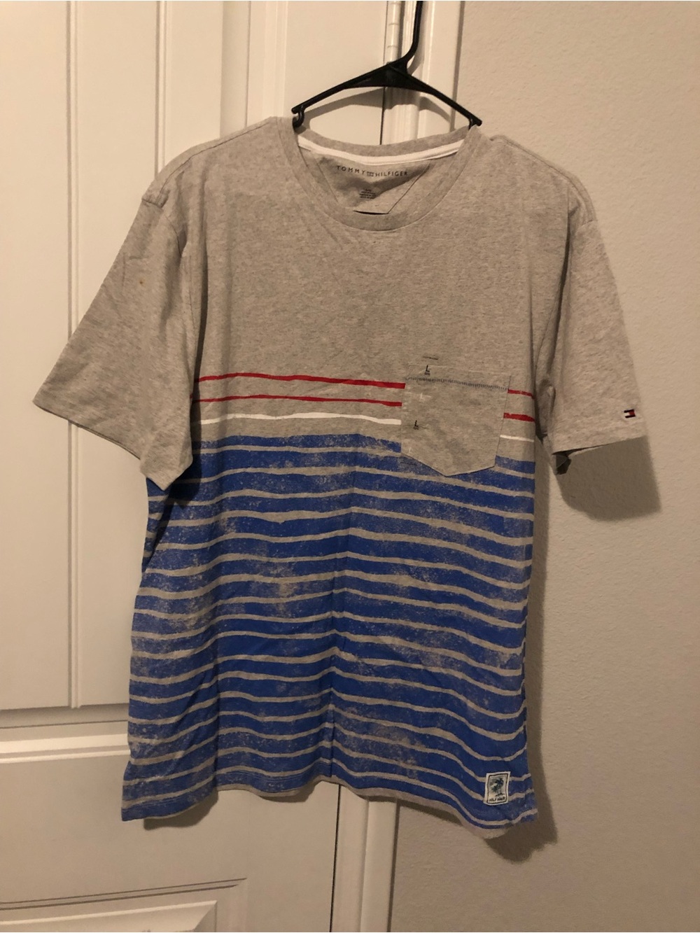 Tommy Hilfiger Gray Tee with Blue & Red Stripes and Pocket